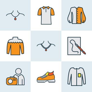 Stil simgeleri inci kolye, bluz, çizim ve diğer fotoğrafçı unsurlarıyla renklendirildi. İzole edilmiş illüstrasyon biçimi simgeleri.