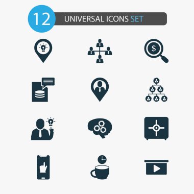 İş simgeleri hiyerarşi, beyin fırtınası süreci, güvenli ve diğer organizasyon unsurlarıyla belirlendi. İzole edilmiş illüstrasyon görev simgeleri.