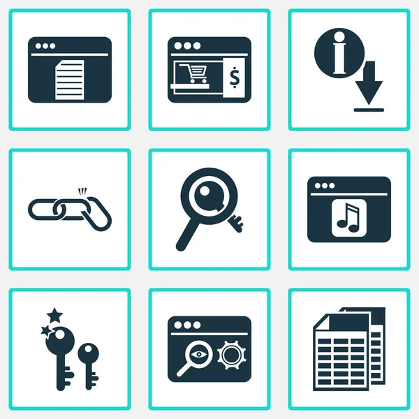 Finance icons set with link building, search optimization, spreadsheets and other content elements. Isolated illustration finance icons.