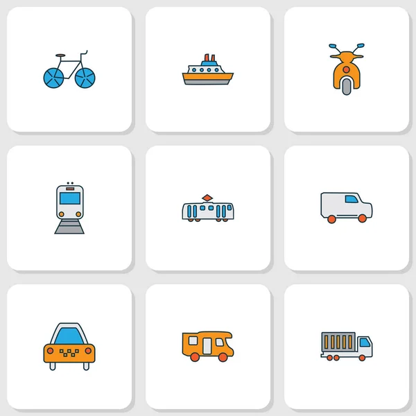 Цветные иконки транспортных средств комплектуются поездами, велосипедами, скутерами и другими элементами грузовиков. Изолированные иконки транспортных средств . — стоковое фото