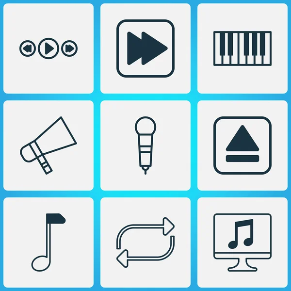 Music icons set with forward music, megaphone, synthesizer and other refresh elements. Isolated illustration music icons.