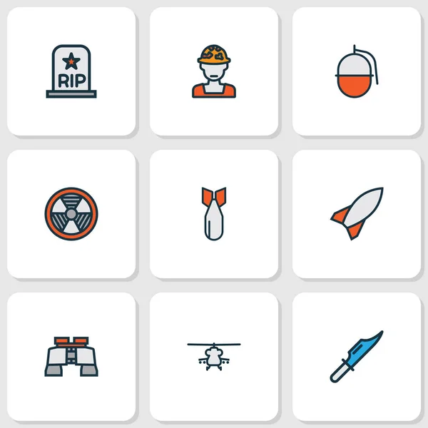Battle icons colored line set with military knife, soldier grave, grenade and other missile elements. Isolated illustration battle icons.