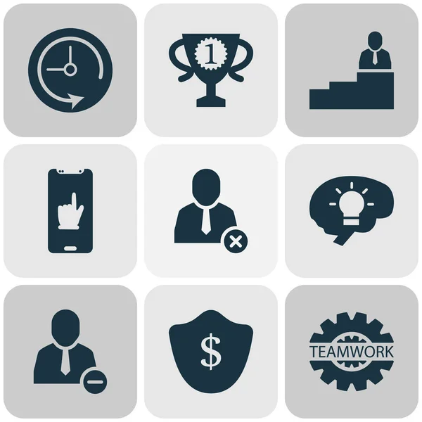 Job icons set with man on top, team communication, protection and other delete user elements. Isolated illustration job icons.