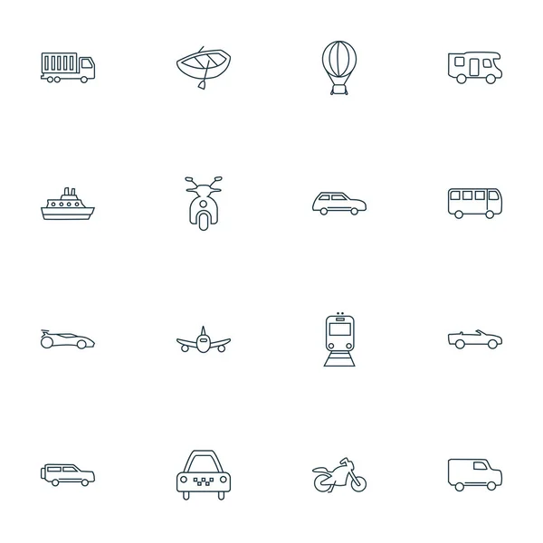 Tranzitní ikony linie styl set s kamion, vzduchový balón, sportovní auto a další prvky plavidla. Izolované ikony tranzitu ilustrací. — Stock fotografie