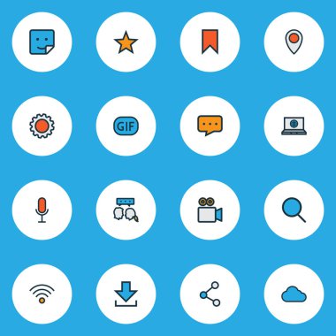 İndirme, konum, konuşma ve diğer yıldız unsurlarıyla sosyal simgeler renkli çizgi oluşturuldu. İzole vektör illüstrasyon sosyal simgeleri.