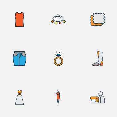 Terzi, gece giysisi, mini etek ve diğer nişan unsurlarıyla süslü moda ikonlar. İzole vektör illüstrasyonu moda simgeleri.