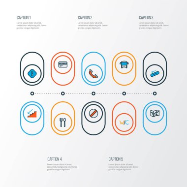 Yönlendirme simgeleri çağrı, kart, bilgi ve diğer otobus ögeleri ile birlikte ayarlandı. İzole vektör illüstrasyon ikonları.