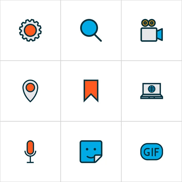 Iconos sociales de color conjunto de líneas con chat de voz, pegatina, ajustes y otros elementos de animación. Iconos sociales de ilustración vectorial aislado . — Vector de stock