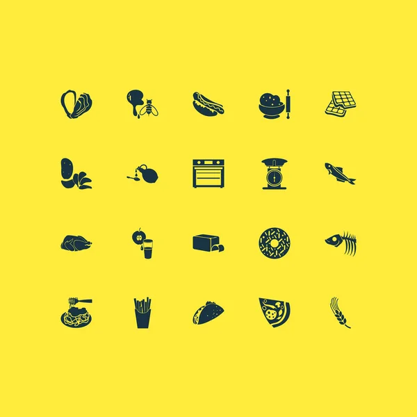 Essen Symbole mit Donut, Tacos, Hot Dog und andere Pfannkuchen-Elemente gesetzt. isolierte Vektorillustration Icons essen. — Stockvektor