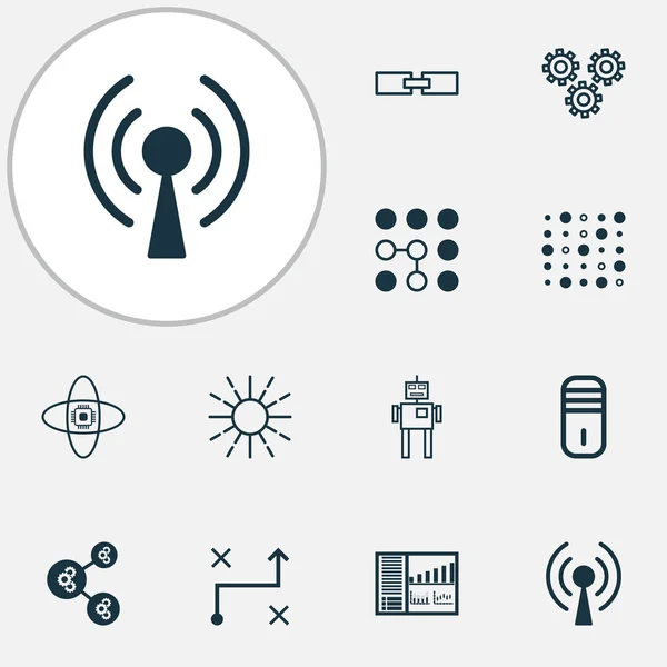 Ícones da máquina conjunto com estrutura de dados, processador, regulação de brilho e outros elementos de ondas de rádio. Ícones isolados da máquina de ilustração vetorial . —  Vetores de Stock