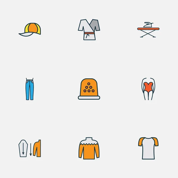 Iconos de moda línea de color conjunto con longitud de la manga, prendas de punto, pantalones vaqueros de cintura alta y otros elementos de mezclilla. Iconos de moda de ilustración vectorial aislado . — Archivo Imágenes Vectoriales