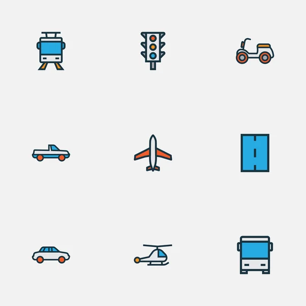 Ikony dodávek barevné linky s autobusem, vrtulníkem, semaforem a dalšími prvky. Izolované ikony dodávky vektorových ilustrací. — Stockový vektor