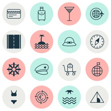 Seyahat simgeleri çanta, pusula, kamera ve diğer gündoğumu elementleriyle ayarlandı. İzole edilmiş illüstrasyon seyahat simgeleri.