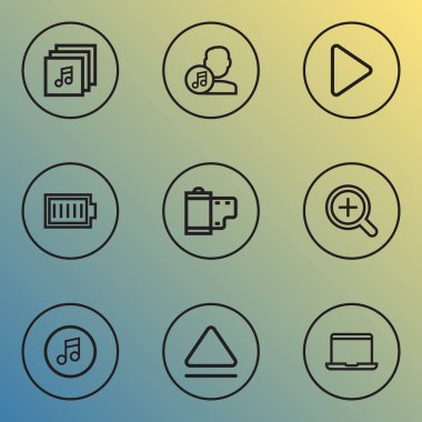 Albümler, sanatçılar, filmler ve diğer fotoğraf unsurlarıyla müzik simgeleri çizimi. İzole müzik simgeleri.
