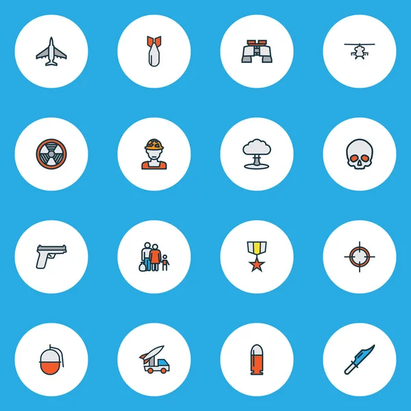 Icone da combattimento colorate con binocolo, esplosione nucleare, teschio e altri elementi esplosivi. Isolate icone di combattimento illustrazione . — Foto Stock