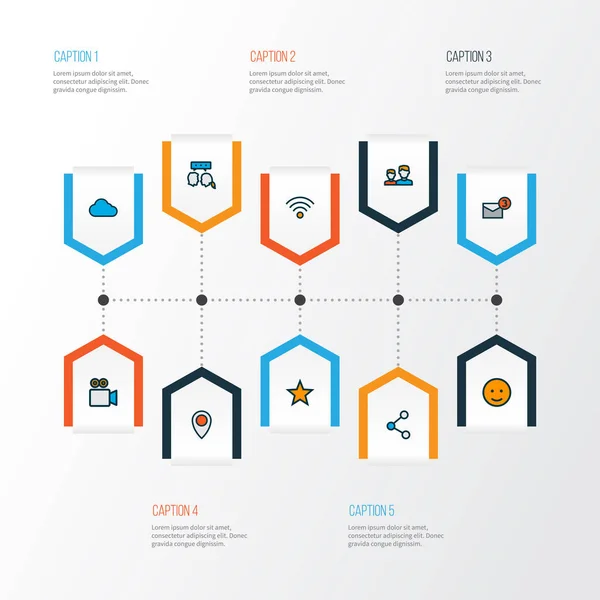 네트워크 아이콘들은 대화, 클라우드, 좋아 하는 요소등으로 구성된 색 라인을 설정 한다. 격리 된 일러스트 네트워크 아이콘. — 스톡 사진