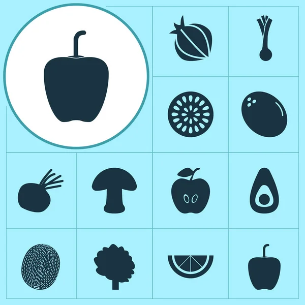Пищевые иконки с перцем, маракуйей, киви и другими зелеными элементами лука. Изолированные иллюстрации . — стоковое фото