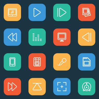 Müzik simgeleri çizgisi tam ekran, geri sarma, akıllı telefon ve diğer hoparlör unsurlarıyla ayarlandı. İzole vektör illüstrasyon müzik simgeleri.