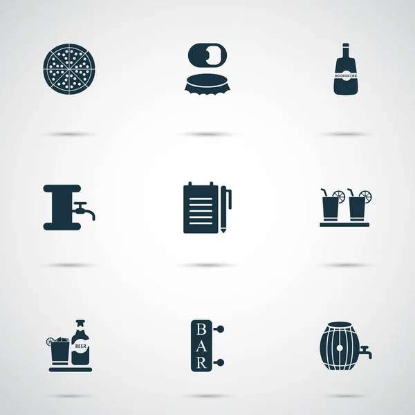 Conjunto de iconos de bebidas con abridor de botellas, pizza, grabar un pedido y otros elementos del cartel. Iconos de bebidas de ilustración vectorial aislado . — Archivo Imágenes Vectoriales