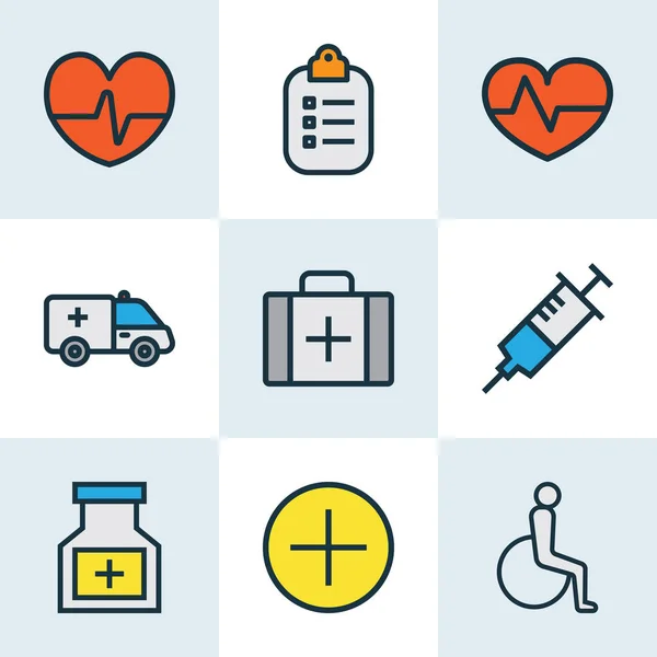Medicine icons colored line set with medicine chest, vaccine, heartbeat and other medical case elements. Isolated vector illustration medicine icons. — ストックベクタ