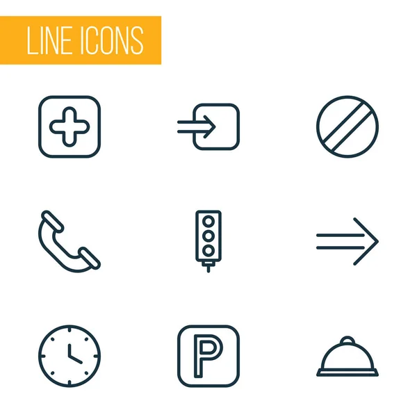 Conjunto de iconos públicos estilo línea con bandeja, discapacitados, letrero de estacionamiento y otros elementos del restaurante. Iconos públicos de ilustración vectorial aislada . — Vector de stock