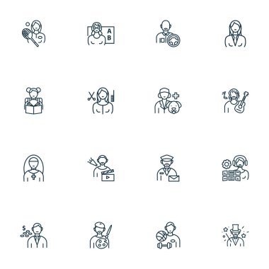 Menajer kadın, sporcu, veteriner ve diğer eğitim unsurlarıyla iş simgeleri çizimi. İzole vektör illüstrasyon işgal simgeleri.