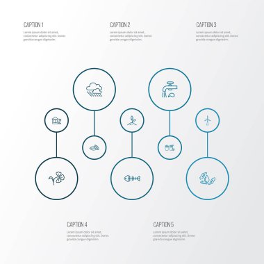 Ceviz, su vinci, hasat ve diğer balık iskeleti elementleriyle birlikte doğa ikonları çizgisi. İzole vektör illüstrasyon doğa simgeleri.