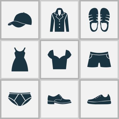 Erkek ayakkabıları, külot, pantolon ve diğer ayakkabı unsurları olan giysi simgeleri. İzole vektör illüstrasyon giysi simgeleri.