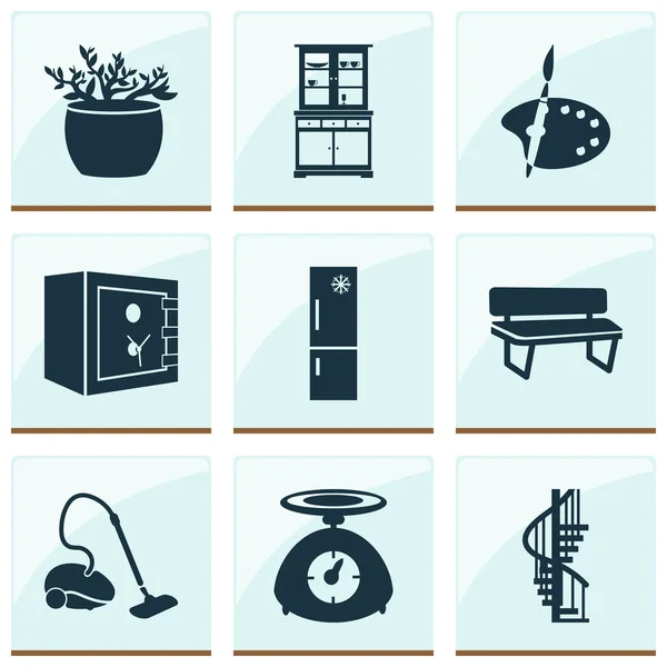 Conjunto de iconos de la casa con nevera, básculas de cocina, aspiradora y otros elementos de peso. Iconos de casa de ilustración vectorial aislado . — Archivo Imágenes Vectoriales