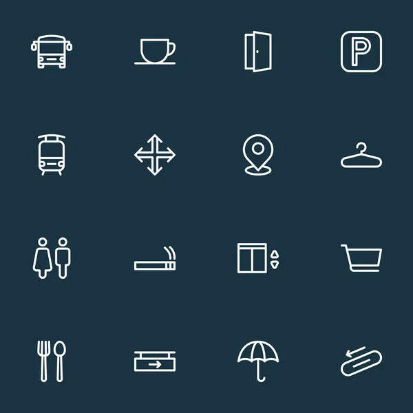 Iconos de navegación conjunto de estilo de línea con inodoro, escaleras, ascensor y otros elementos de signo. Iconos de navegación de ilustración vectorial aislado . — Vector de stock