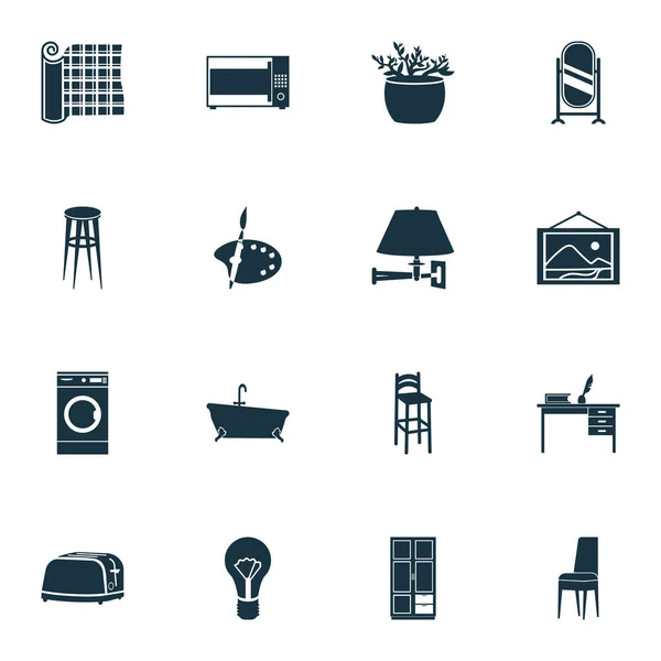 Ikony obudowy zestaw z krzesłem jadalnym, pralka, toster i inne elementy stolca. Izolowane ikony obudowy ilustracji. — Zdjęcie stockowe