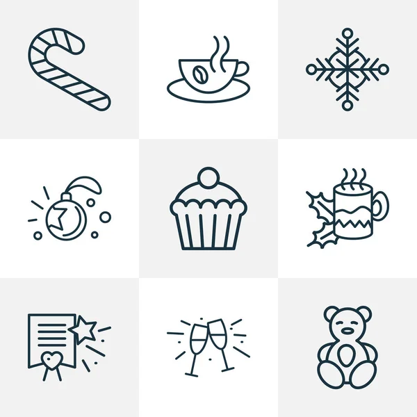 Nyaralás ikonok vonal stílus készlet karácsonyfa labda, cupcake, forró kávé és egyéb teáscsésze elemek. Elszigetelt illusztráció ünnepi ikonok. — Stock Fotó