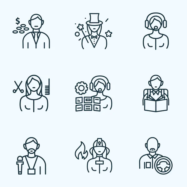 Job icons line style set with driver, illusionist, operator woman and other steering elements. Isolated illustration job icons.