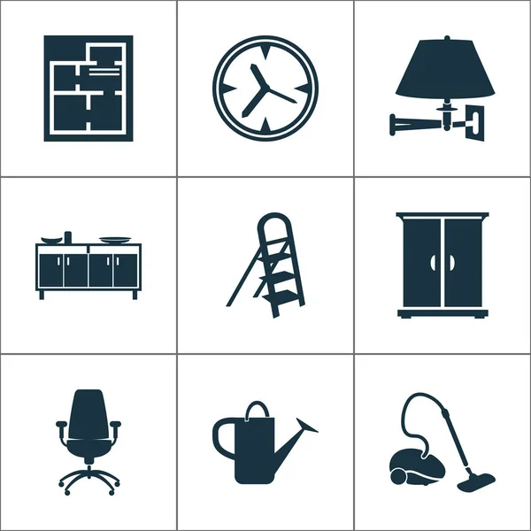 Inredning ikoner set med sideboard, kontorsstol, vägglampa och andra trappor element. Isolerad illustration hem dekoration ikoner. — Stockfoto