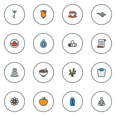 Yoga simgeleri nilüfer çiçeği, damla, sağlıklı yiyecek ve diğer kahve bardağı elementleriyle renklendirildi. İzole vektör illüstrasyon yoga simgeleri.