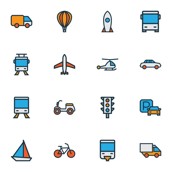 Szállítás ikonok színes vonal készlet parkoló tábla, busz, teherautó és egyéb kerékpár elemek. Elszigetelt vektor illusztráció szállítási ikonok. — Stock Vector