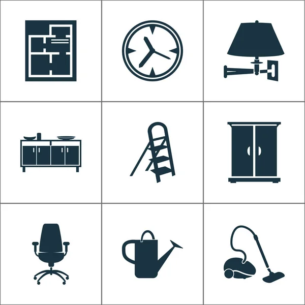 Innensymbole mit Sideboard, Bürostuhl, Wandlampe und anderen Treppenelementen. isolierte Vektor Illustration Innenraum Symbole. — Stockvektor