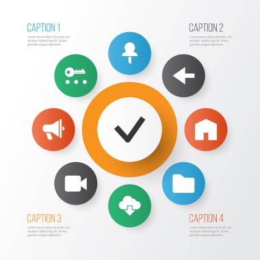 Arayüz simgeleri işaretli, geri, duyuru ve diğer tamamlanmış ögelerle ayarlandı. İzole edilmiş illüstrasyon arayüz simgeleri.