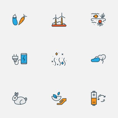 Çevre simgeleri sebze, şarj etme, tavşan ve diğer sağlıklı besin elementleriyle renklendiriliyor. İzole edilmiş illüstrasyon ortam simgeleri.