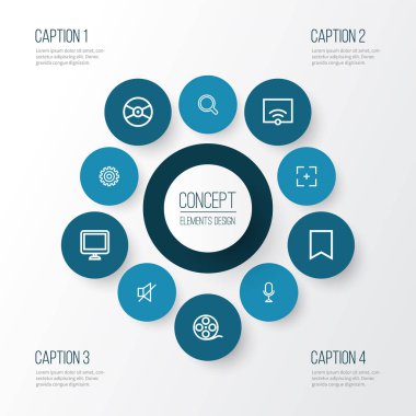 Müzik simgeleri çizgisi ayarlı, ses kapalı, mikrofon ve diğer hedef unsurlar. İzole müzik simgeleri.