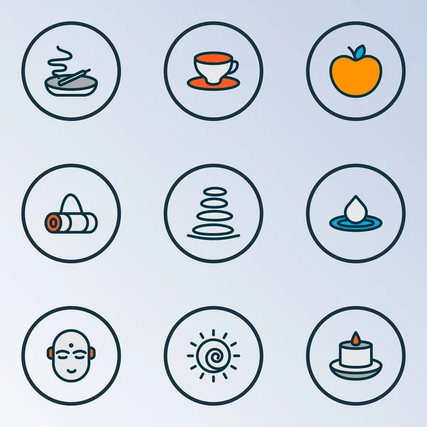 Andliga ikoner färgade linje set med sol, hindu människa, äpple och andra aromaterapi element. Isolerad illustration andliga ikoner. — Stockfoto