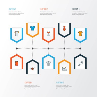 Tarz simgeleri, gündelik, kısa kollu, kolsuz elbise ve diğer orta boy etek unsurlarıyla renklendirilmiş. İzole vektör illüstrasyon biçimi simgeleri.