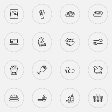 Şekerli, patates cipsli, salatalı ve diğer krep elementli ikon çizgileri yemek. İzole vektör illüstrasyon yeme simgeleri.