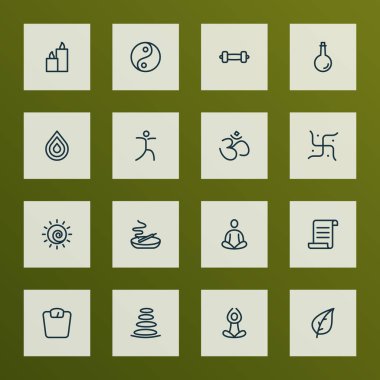 Meditasyon simgeleri, hinduizm, yağ şişesi, yoga ve diğer gamalı haç elementleriyle ayarlandı. İzole vektör illüstrasyon meditasyon simgeleri.