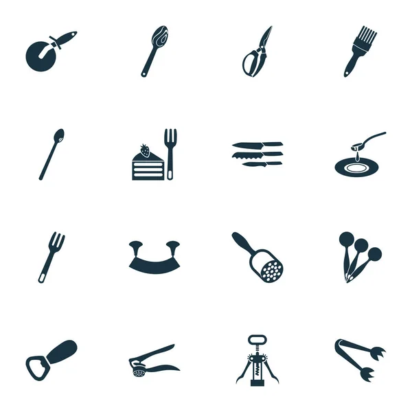Conjunto de iconos de utensilios de cocina con cuchara de soda, vajilla, abrebotellas y otros elementos del instrumento. Iconos de utensilios de cocina de ilustración vectorial aislado . — Archivo Imágenes Vectoriales