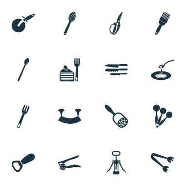 Soda kaşığı, bulaşık takımı, şişe açacağı ve diğer enstrümanlardan oluşan mutfak malzemeleri. İzole edilmiş çizim mutfak gereçleri simgeleri.
