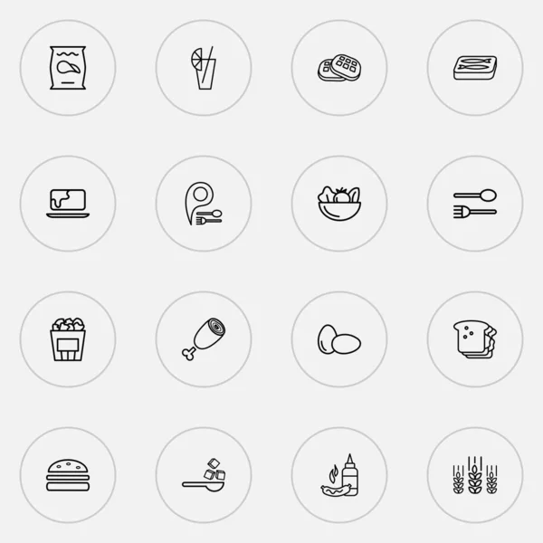 Jedzenie ikon linii stylu zestaw z cukrem, chipsy ziemniaczane, sałatka i inne elementy naleśnika. Izolowana ilustracja jedząca ikony. — Zdjęcie stockowe