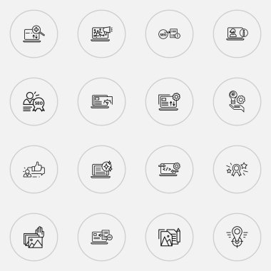 Kod optimizasyonu, sayfa rütbesi rozeti, fotoğraf sunumu ve diğer tarayıcı pencere ögeleri ile arama simgeleri satırı biçimi ayarlandı. İzole edilmiş illüstrasyon arama simgeleri.