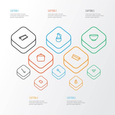 Enstrüman simgeleri çizgisi, rendeleyici, kabartma kağıdı, folyo ve diğer bulaşık malzemeleri ile ayarlandı. İzole edilmiş illüstrasyon araç simgeleri.