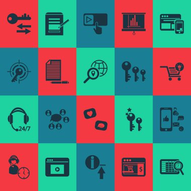 Sıralama kelimeleri, ekommerce çözümü, abonelik ve diğer iletişim unsurları ile iş simgeleri belirlendi. İzole edilmiş illüstrasyon iş simgeleri.